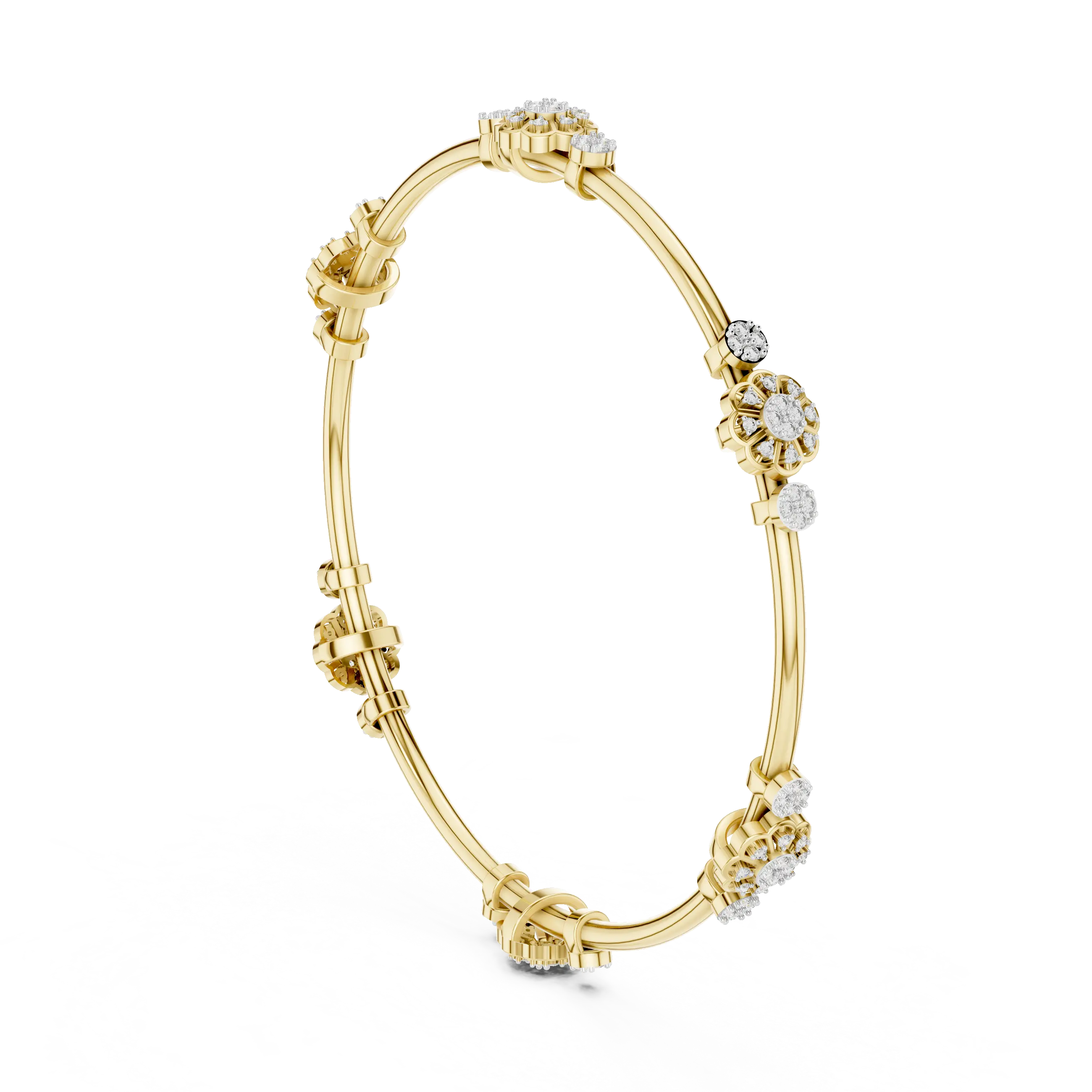 Three-quarter-view: Round Diamond Bangle with Pave Setting in 14k Yellow Gold - Lab Grown - Driona Jewels