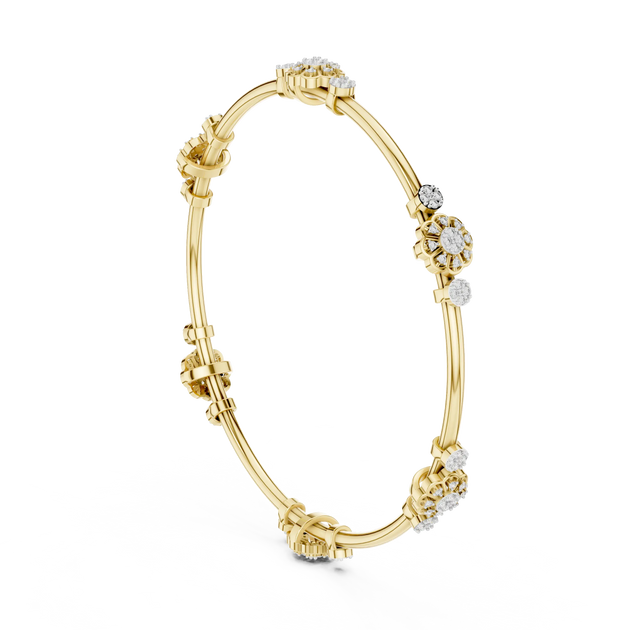 Three-quarter-view: Round Diamond Bangle with Pave Setting in 14k Yellow Gold - Lab Grown - Driona Jewels