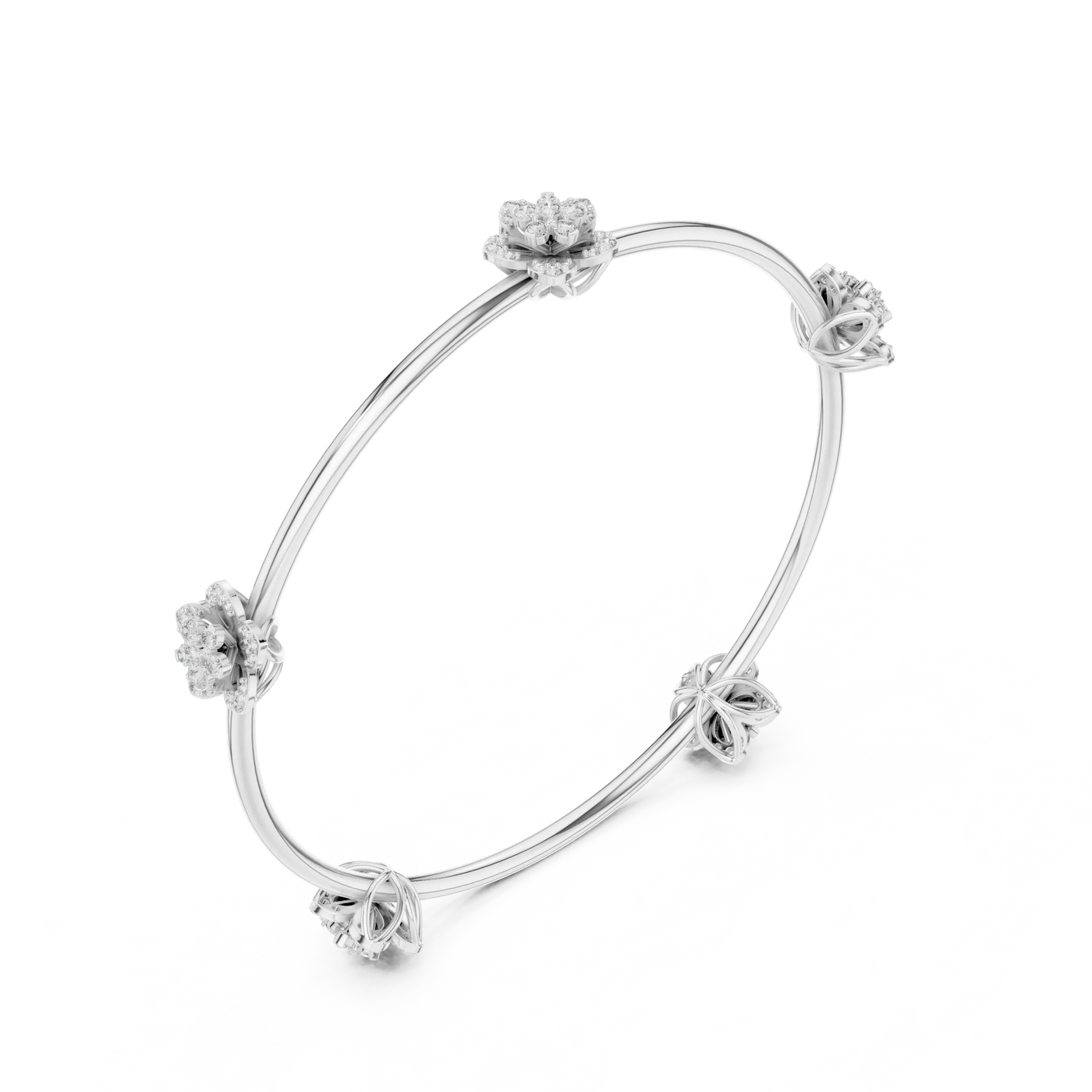 Three-quarter-view: Round Diamond Bangle with Prong Setting in 14k White Gold - Lab Grown - Driona Jewels