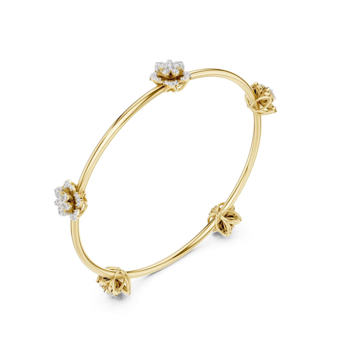 Three-quarter-view: Round Diamond Bangle with Prong Setting in 14k Yellow Gold - Lab Grown - Driona Jewels