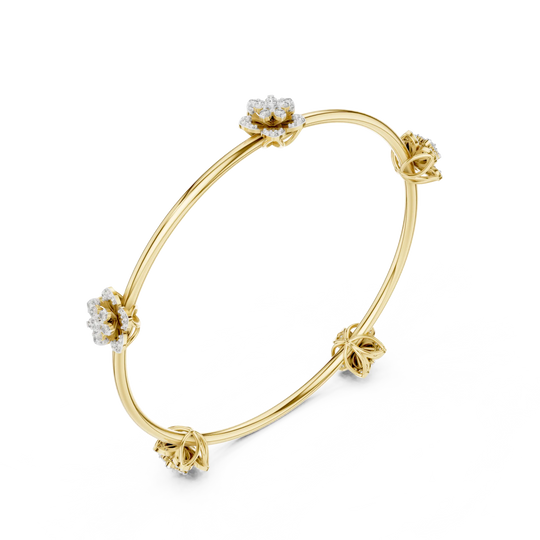 Three-quarter-view: Round Diamond Bangle with Prong Setting in 14k Yellow Gold - Lab Grown - Driona Jewels