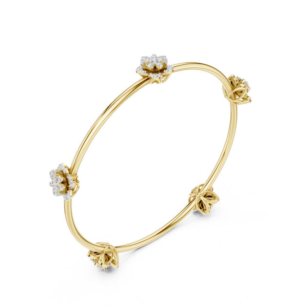 Three-quarter-view: Round Diamond Bangle with Prong Setting in 14k Yellow Gold - Lab Grown - Driona Jewels