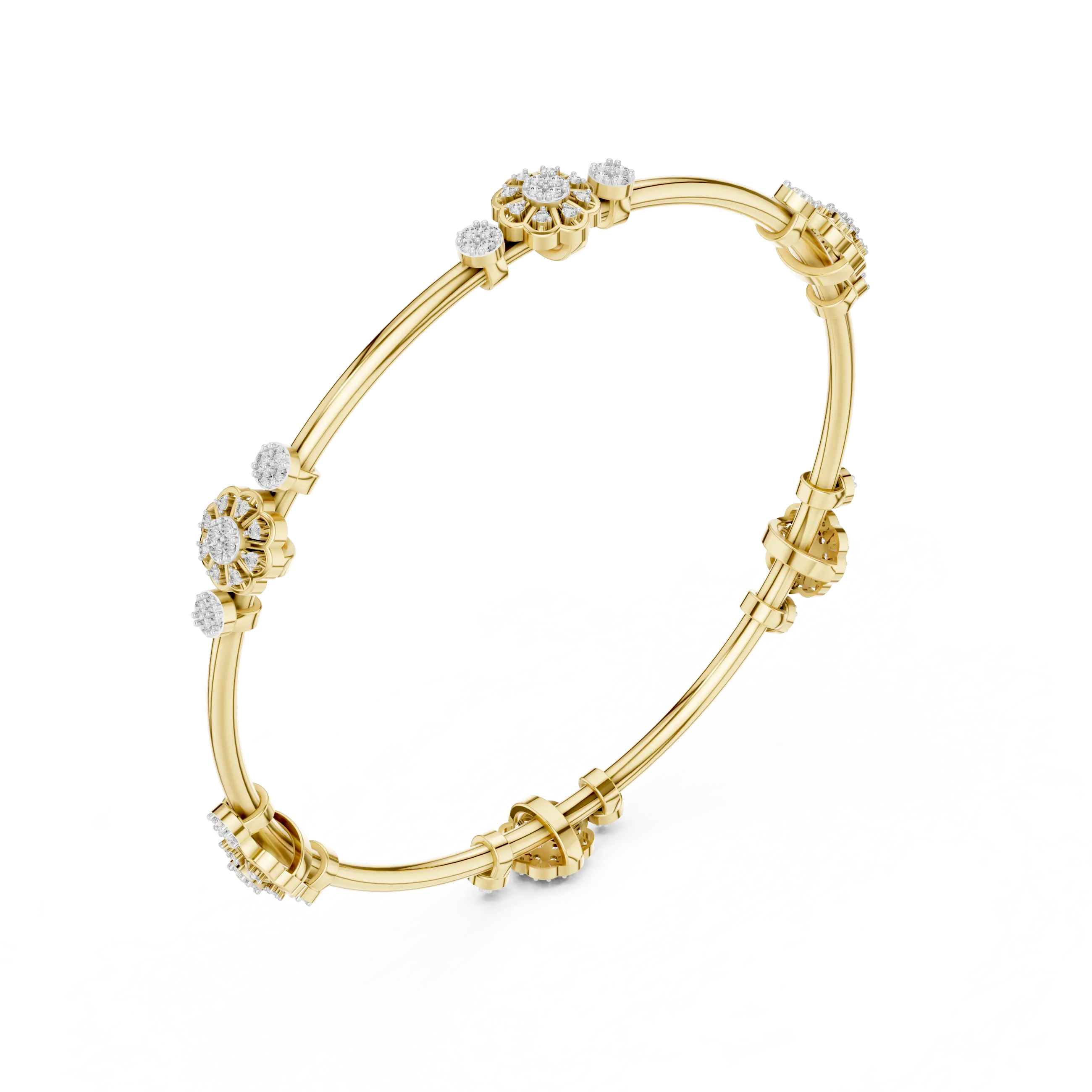 Three-quarter-view: Round Diamond Bangle with Prong Setting in 14k Yellow Gold - Lab Grown - Driona Jewels