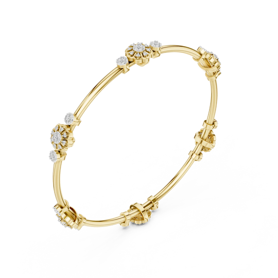Three-quarter-view: Round Diamond Bangle with Prong Setting in 14k Yellow Gold - Lab Grown - Driona Jewels