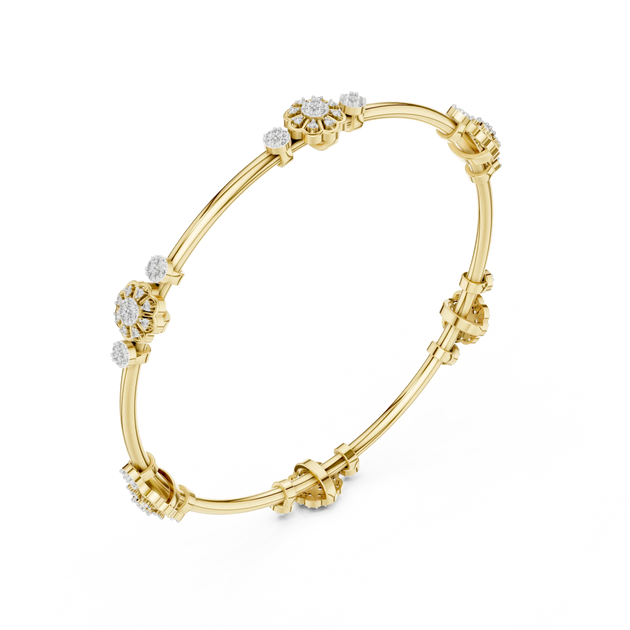 Three-quarter-view: Round Diamond Bangle with Prong Setting in 14k Yellow Gold - Lab Grown - Driona Jewels