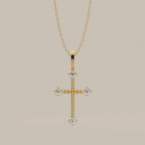 Beaded Gold Cross Pendant with Round Lab Grown Diamond Tips in yellow gold, shown from the front.