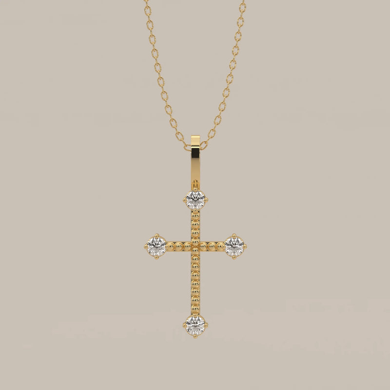 Beaded Gold Cross Pendant with Round Lab Grown Diamond Tips in yellow gold, shown from the front.