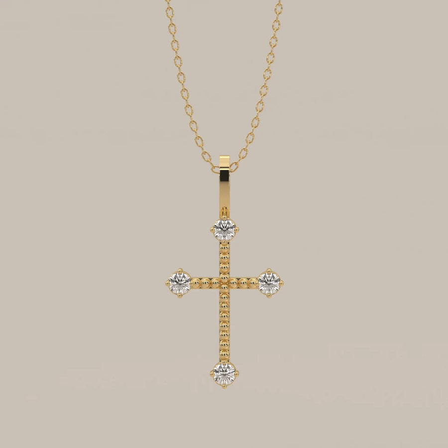 Beaded Gold Cross Pendant with Round Lab Grown Diamond Tips in yellow gold, shown from the front.