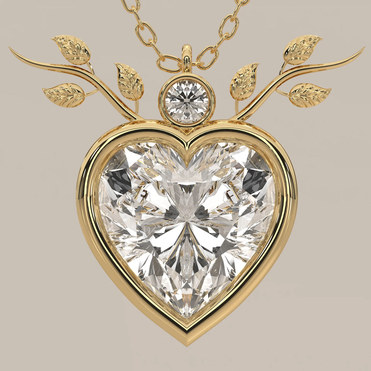 Bezel Heart Lab Grown Diamond Pendant with Leafy Branch Crown in yellow gold, shown on a plain background.