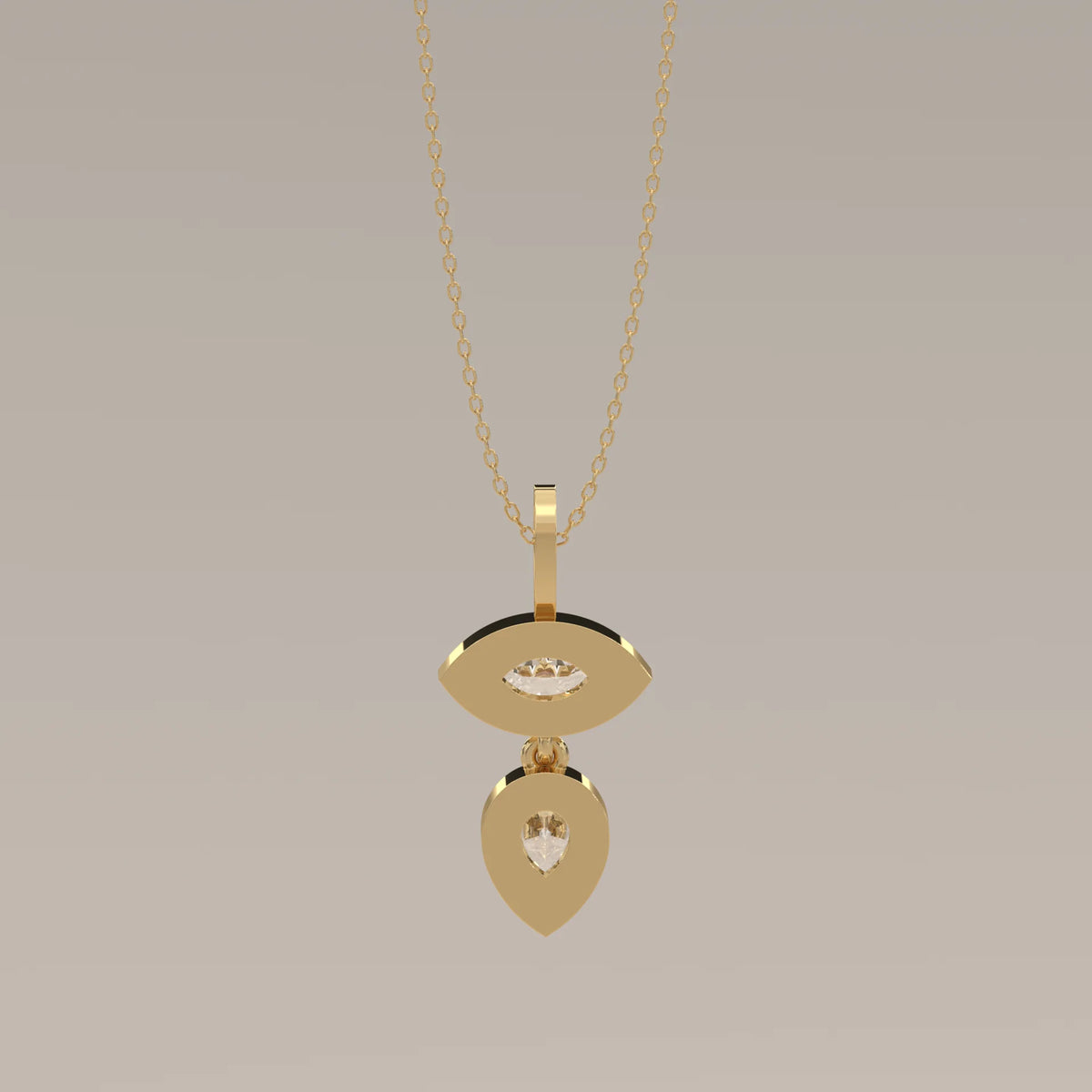Bezel Marquise and Pear Lab Grown Diamond Articulated Drop Pendant in yellow gold, photographed head-on.