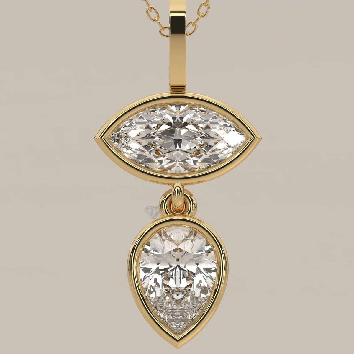 Bezel Marquise and Pear Lab Grown Diamond Articulated Drop Pendant in yellow gold, front view on a plain background.