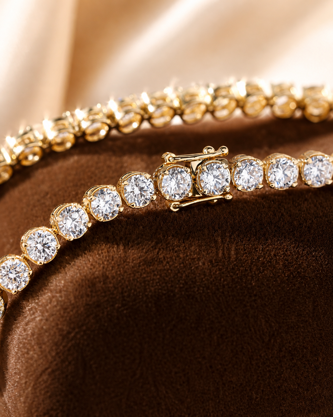 Bezel set lab grown diamond tennis bracelet in gold, displayed on a brown velvet surface.