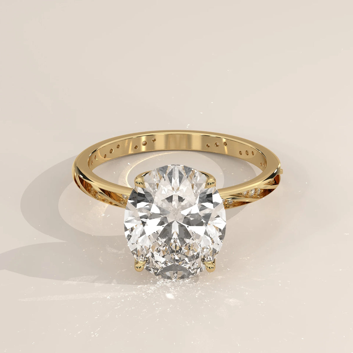Blier 5 Carat Oval Lab Grown Diamond Ring, Twisted Pave Band in yellow gold, shown at an angle from above.