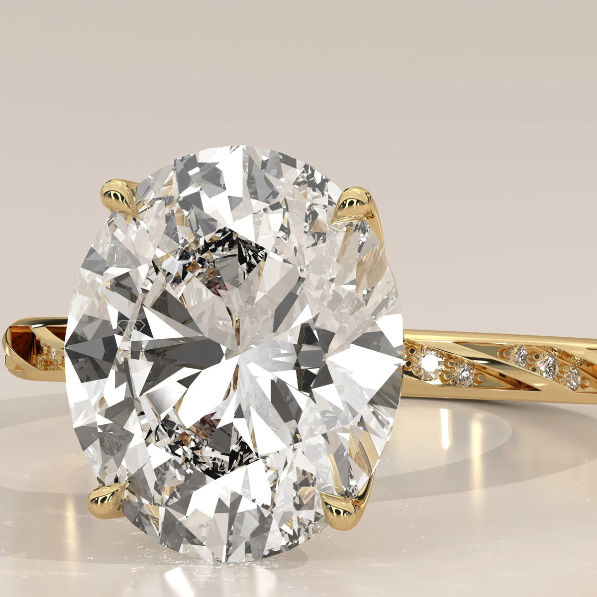 Blier 5 Carat Oval Lab Grown Diamond Ring, Twisted Pave Band in yellow gold, close-up of the oval and twisted pave band.