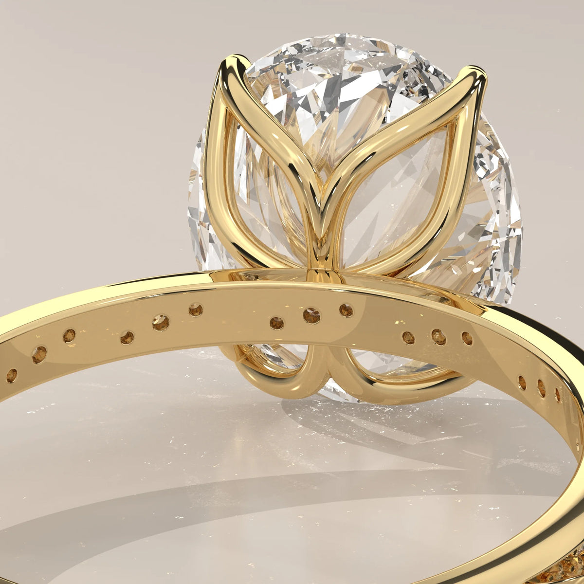 Blier 5 Carat Oval Lab Grown Diamond Ring, Twisted Pave Band in yellow gold, close-up of the tulip basket under the oval.
