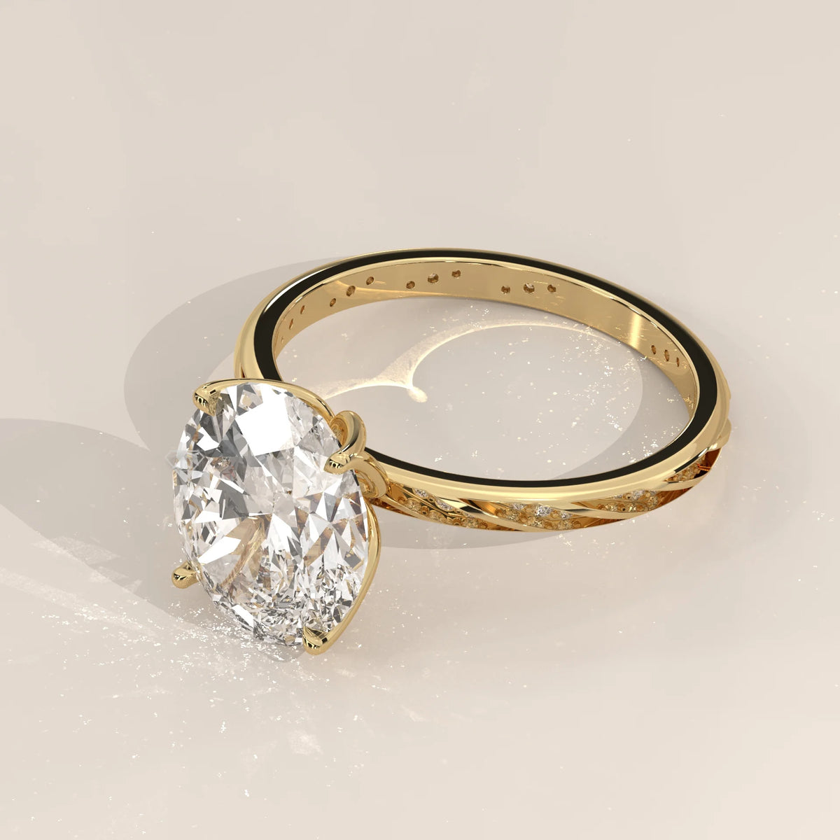 Blier 5 Carat Oval Lab Grown Diamond Ring, Twisted Pave Band in yellow gold, shown from the side with the twisted band.