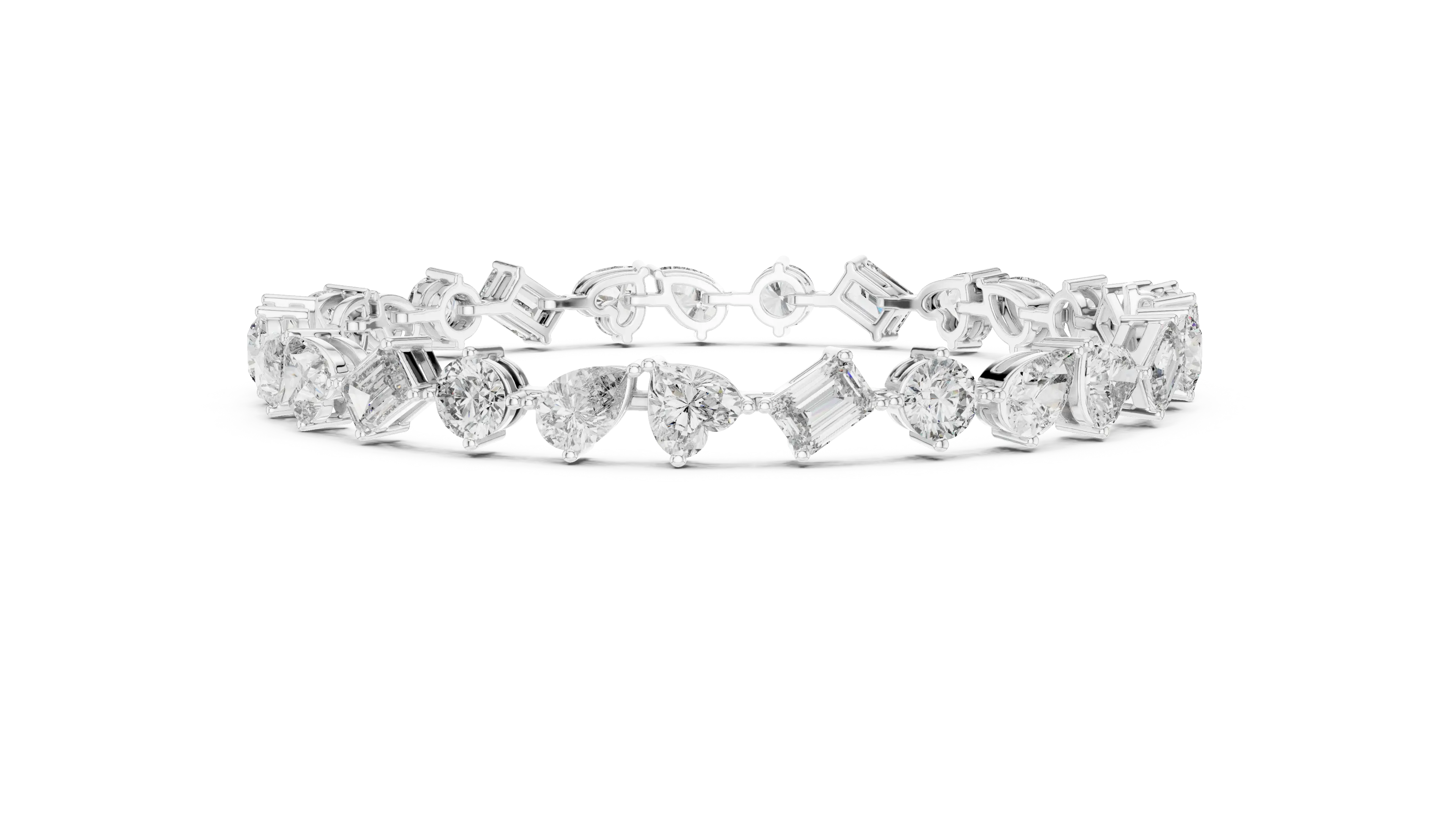Front-View: Assorted Cut Diamond Bracelet with Tennis Setting in 14k White Gold - Lab Grown - Driona Jewels