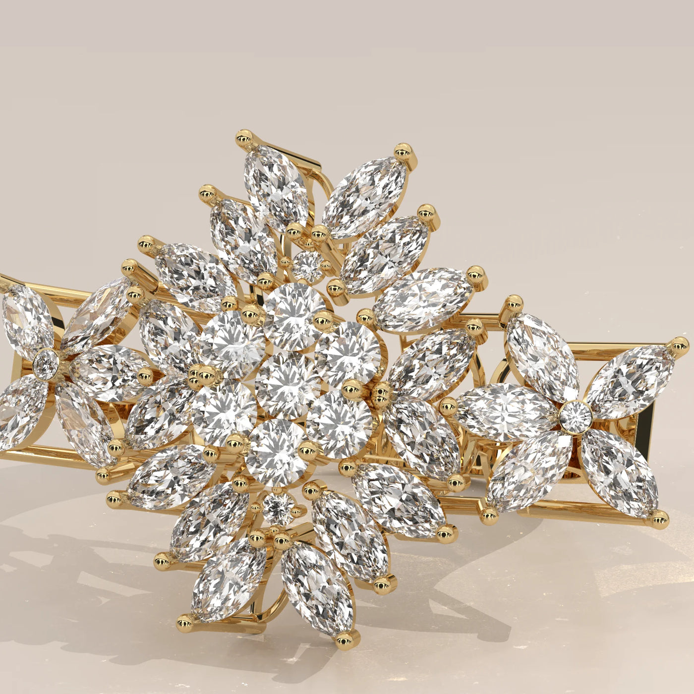A gold bracelet featuring a floral design with numerous round and marquise-cut diamonds.