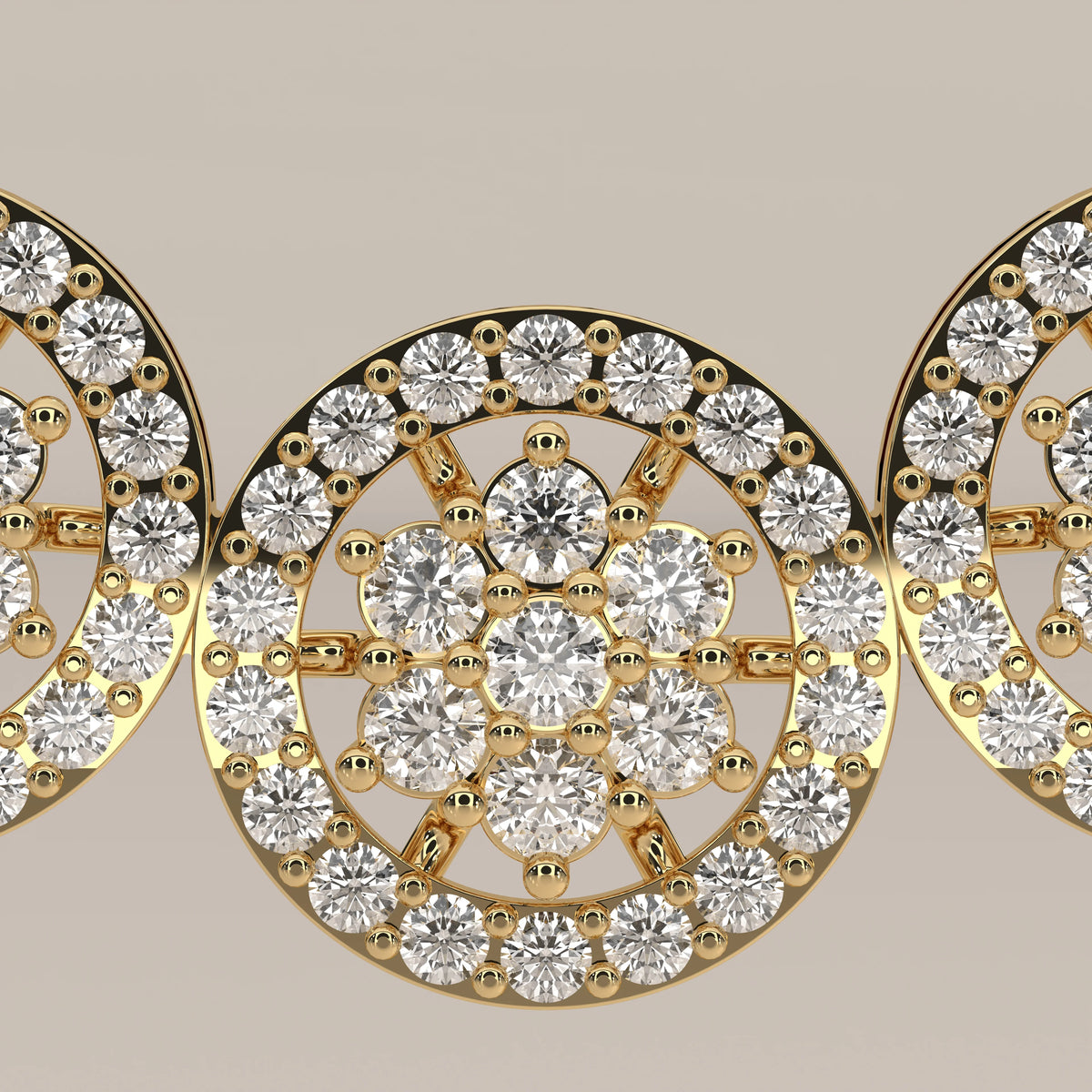 A five interlocking circles lab grown diamond necklace in yellow gold, shown on a plain background.