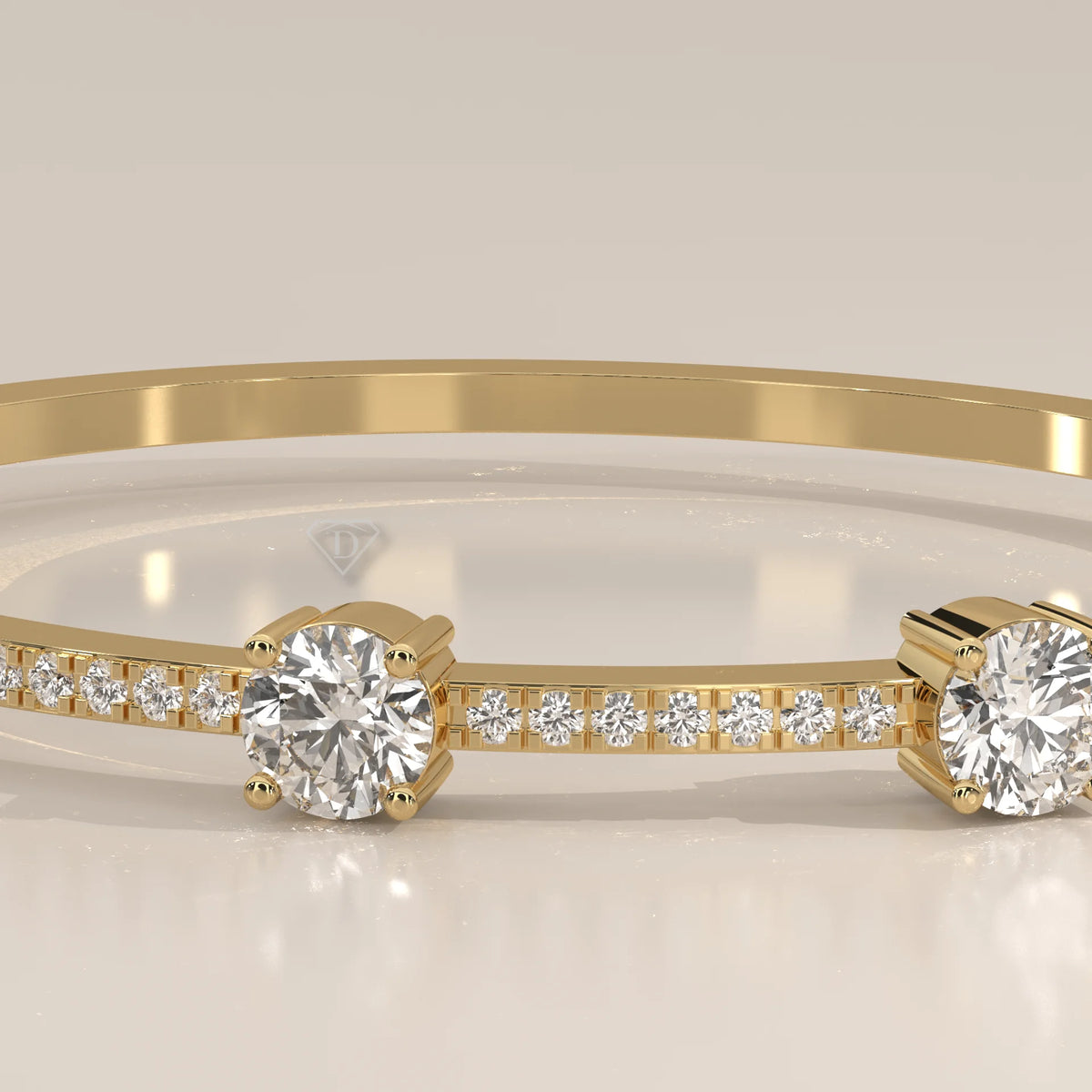 A delicate gold bracelet with diamonds and two larger center stones.