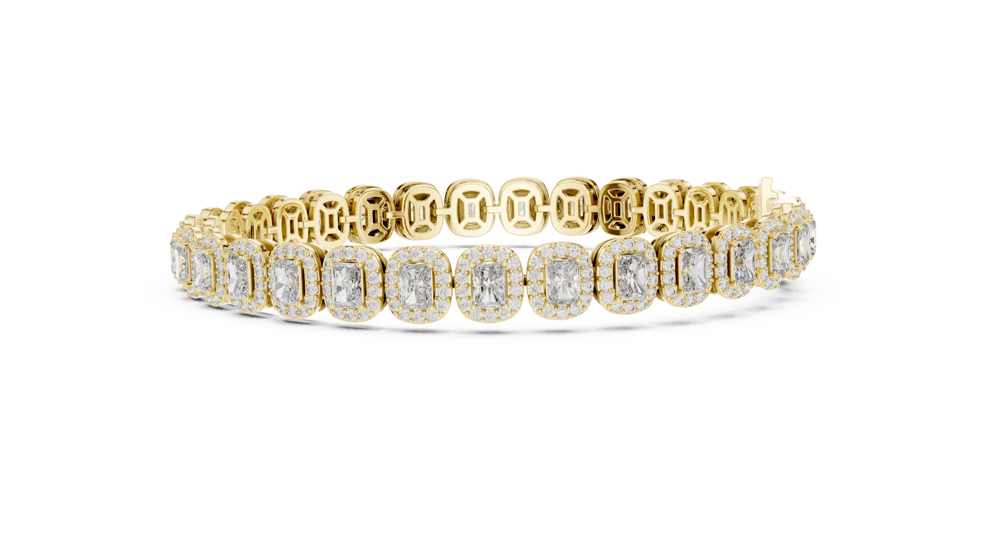 Flat Lay: Emerald Cut Diamond Bracelet with Halo Setting in 14k Yellow Gold - Lab Grown - Driona Jewels