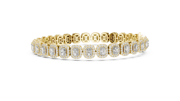 Flat Lay: Emerald Cut Diamond Bracelet with Halo Setting in 14k Yellow Gold - Lab Grown - Driona Jewels
