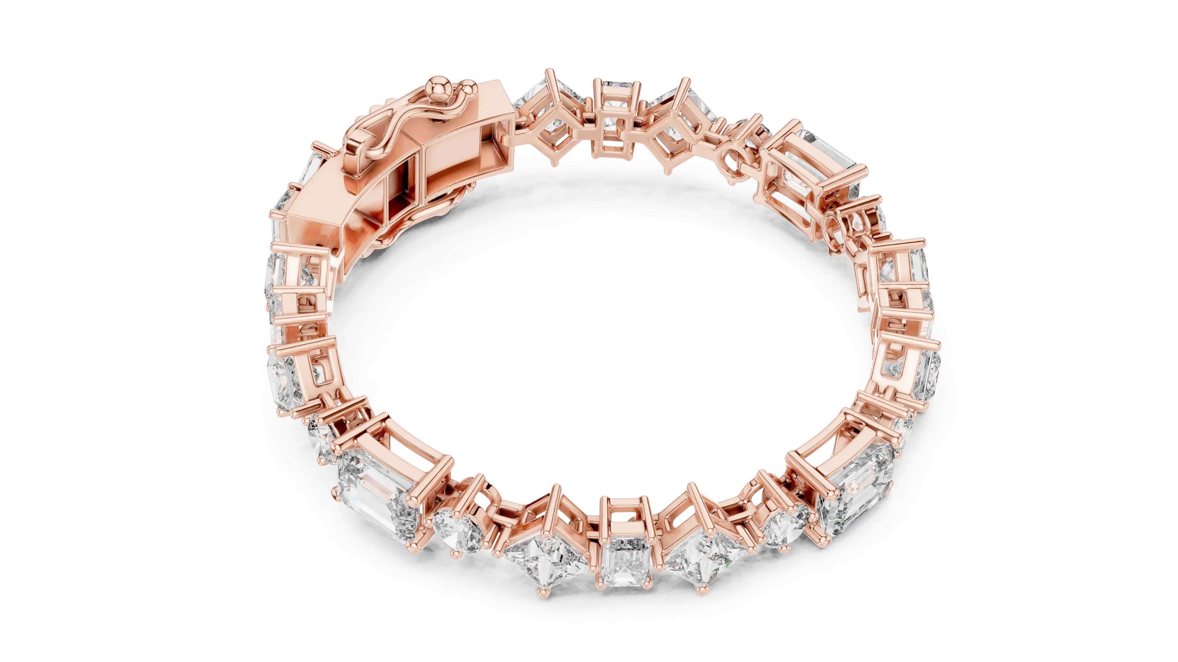 Top View: Emerald Cut Diamond Bracelet with Pave Setting in 14k Rose Gold - Lab Grown - Driona Jewels