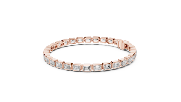 Flat-Lay: Emerald Cut Diamond Bracelet with Prong Setting in 14k Rose Gold - Lab Grown - Driona Jewels