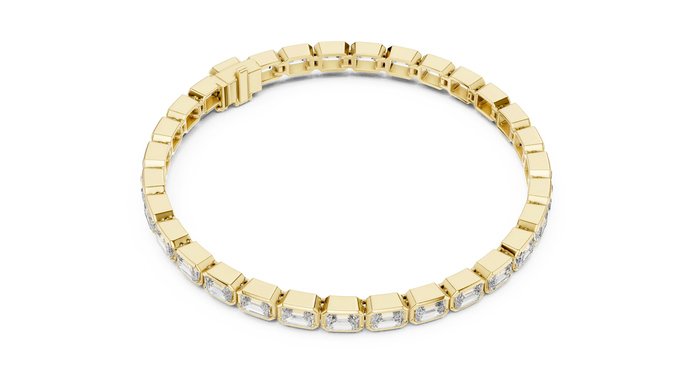 Flat Lay: Emerald Cut Diamond Bracelet with Prong Setting in 14k Yellow Gold - Lab Grown - Driona Jewels