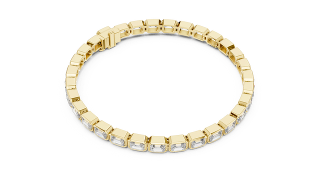 Flat Lay: Emerald Cut Diamond Bracelet with Prong Setting in 14k Yellow Gold - Lab Grown - Driona Jewels