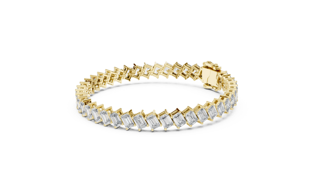 Flat Lay: Emerald Cut Diamond Bracelet with Prong Setting in 14k Yellow Gold - Lab Grown - Driona Jewels