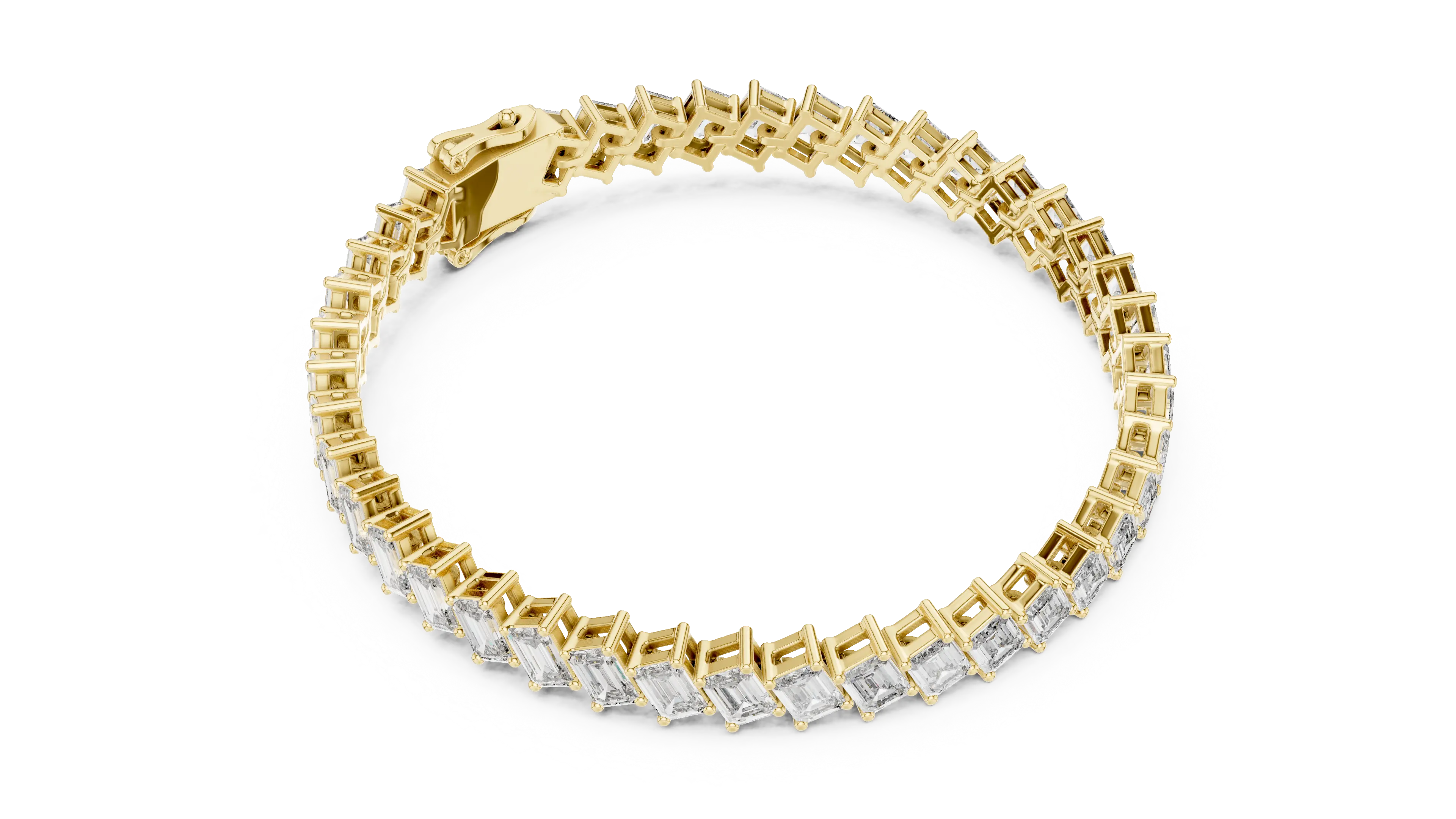 Flat-Lay: Emerald Cut Diamond Bracelet with Prong Setting in 14k Yellow Gold - Lab Grown - Driona Jewels