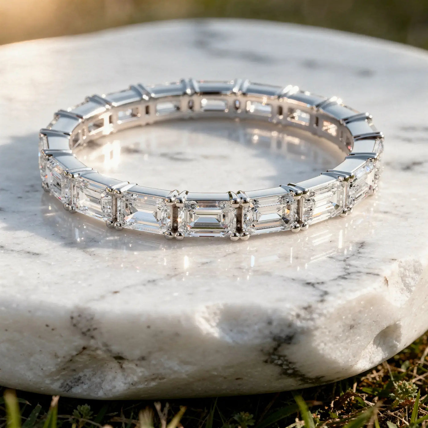 Flat Lay: Emerald Cut Diamond Bracelet with Tennis Setting in 14k White Gold - Lab Grown - Driona Jewels