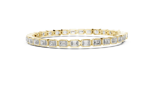 Flat Lay: Emerald Cut Diamond Bracelet with Tennis Setting in 14k Yellow Gold - Lab Grown - Driona Jewels