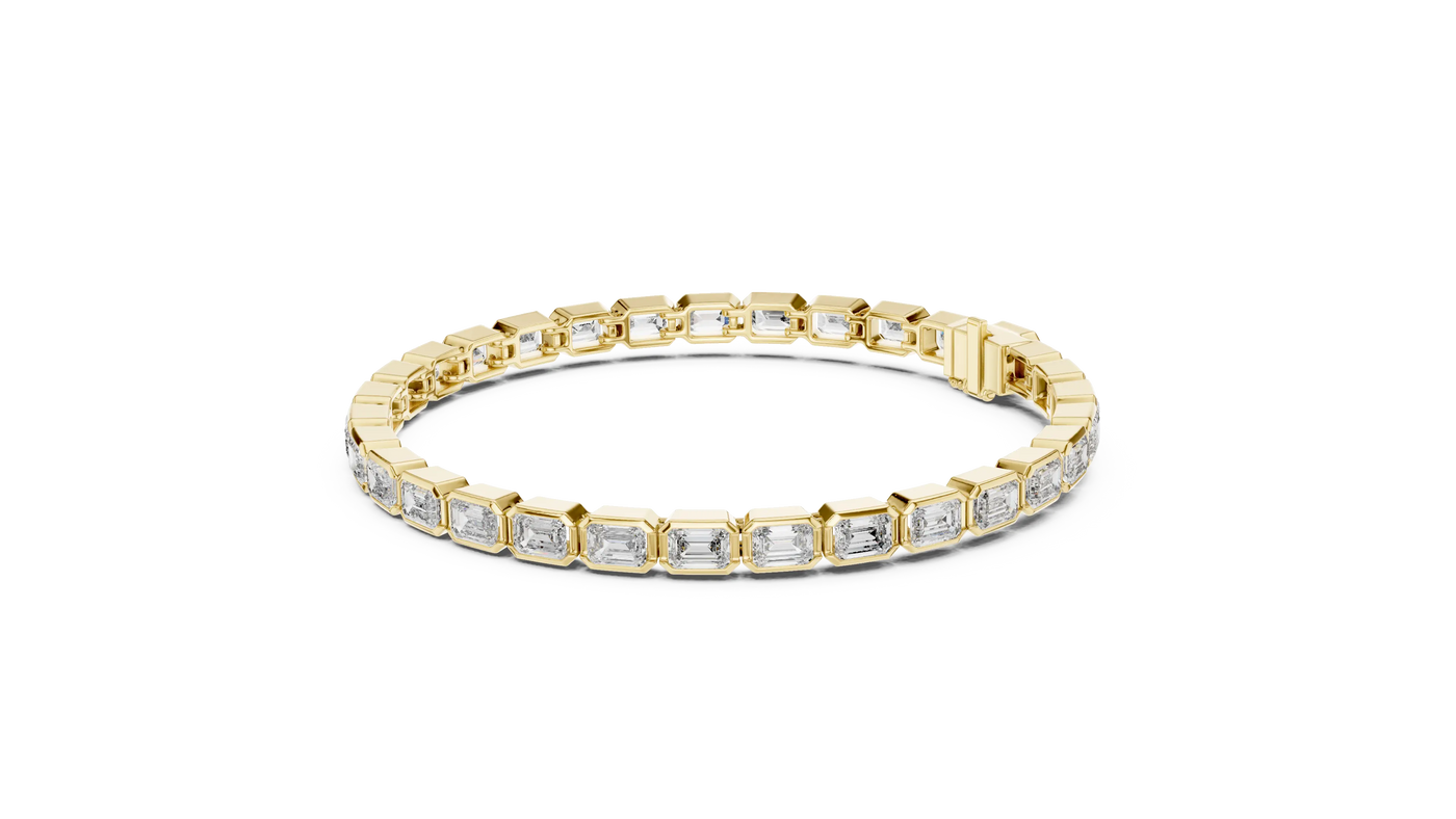 Flat-Lay: Emerald Cut Diamond Bracelet with Tennis Setting in 14k Yellow Gold - Lab Grown - Driona Jewels