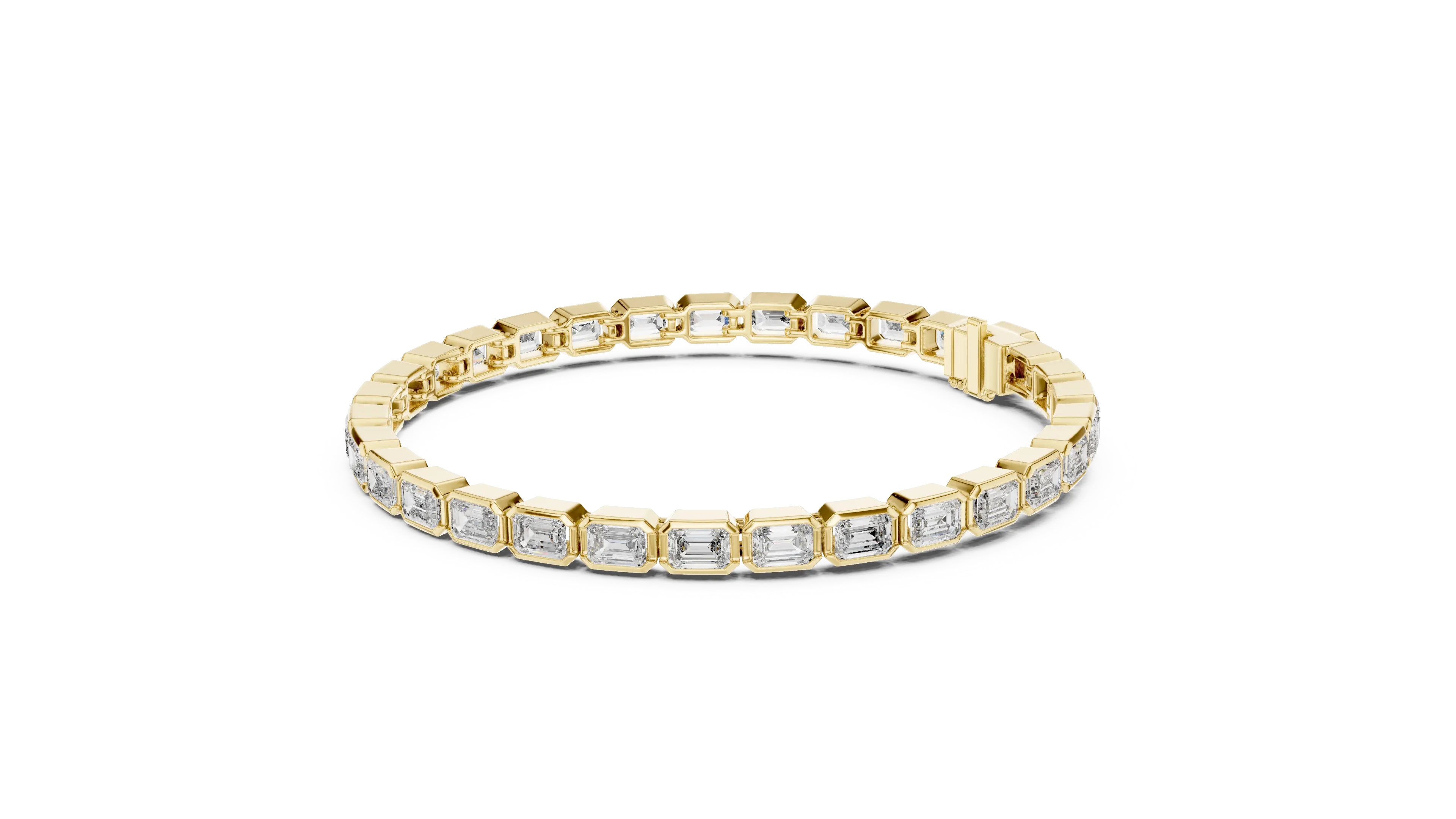 Flat-Lay: Emerald Cut Diamond Bracelet with Tennis Setting in 14k Yellow Gold - Lab Grown - Driona Jewels
