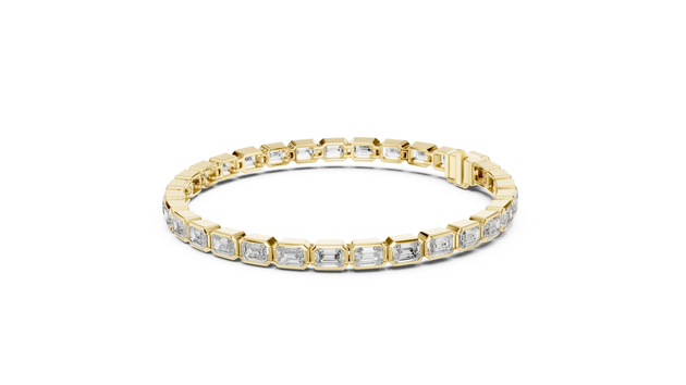 Flat-Lay: Emerald Cut Diamond Bracelet with Tennis Setting in 14k Yellow Gold - Lab Grown - Driona Jewels