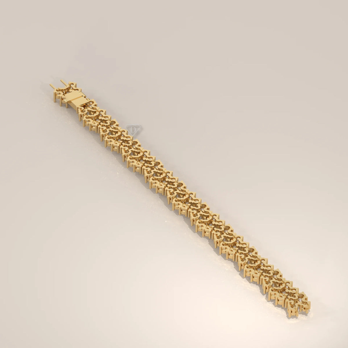 A thick, ornate gold bracelet with a complex link design.