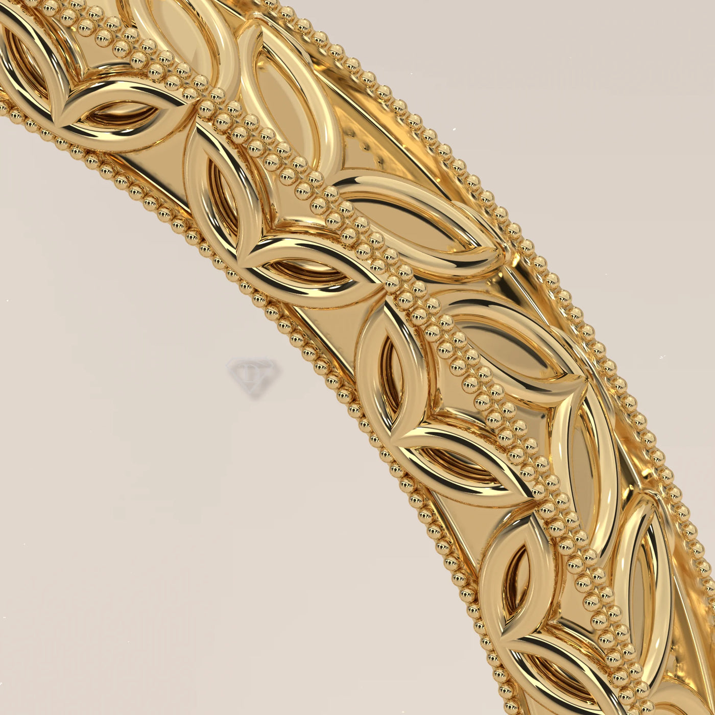Close-up view of a yellow gold bracelet with a leaf and bead design.