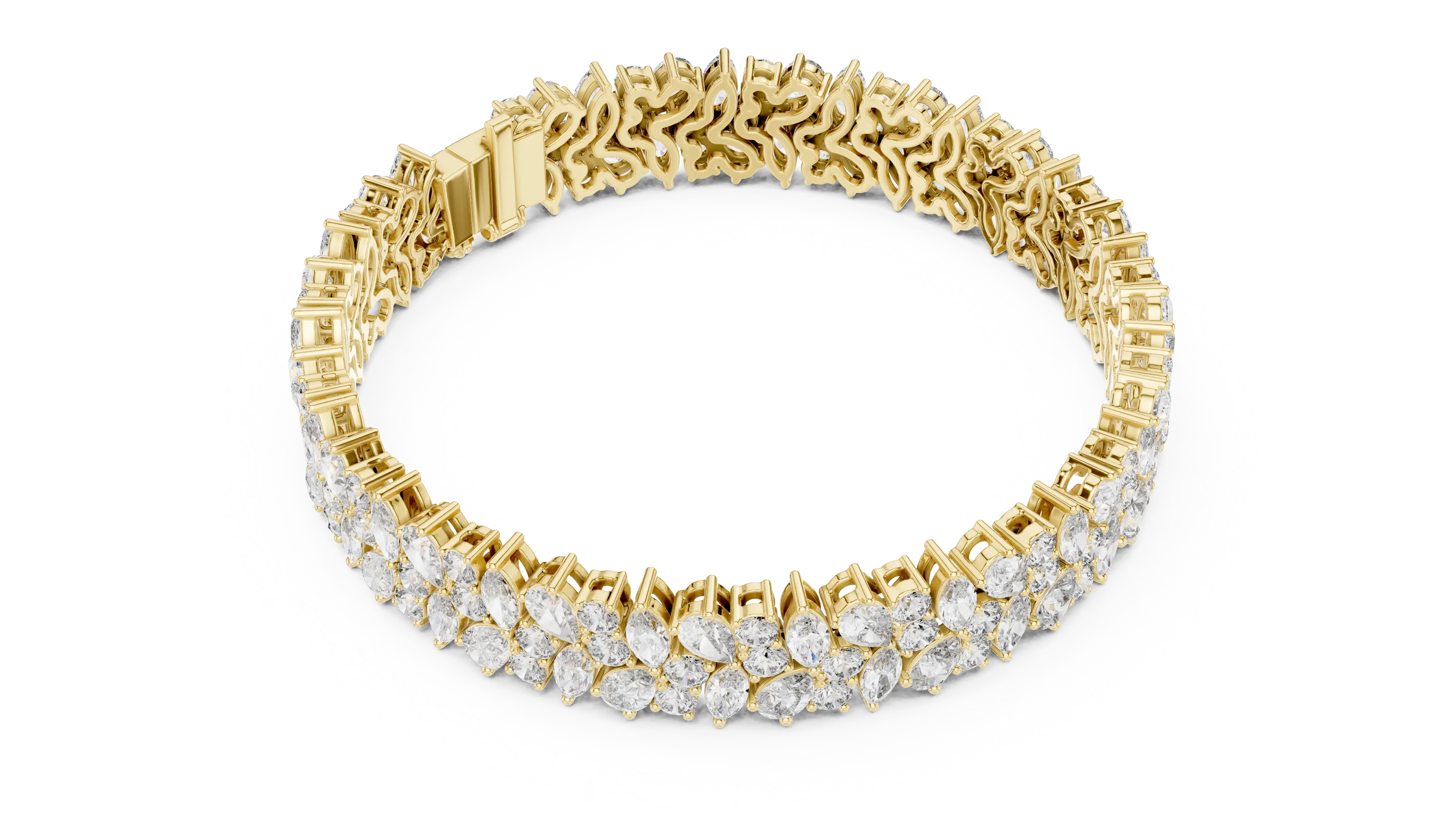 Flat Lay: Pear Cut Diamond Bracelet with Pave Setting in 14k Yellow Gold - Lab Grown - Driona Jewels