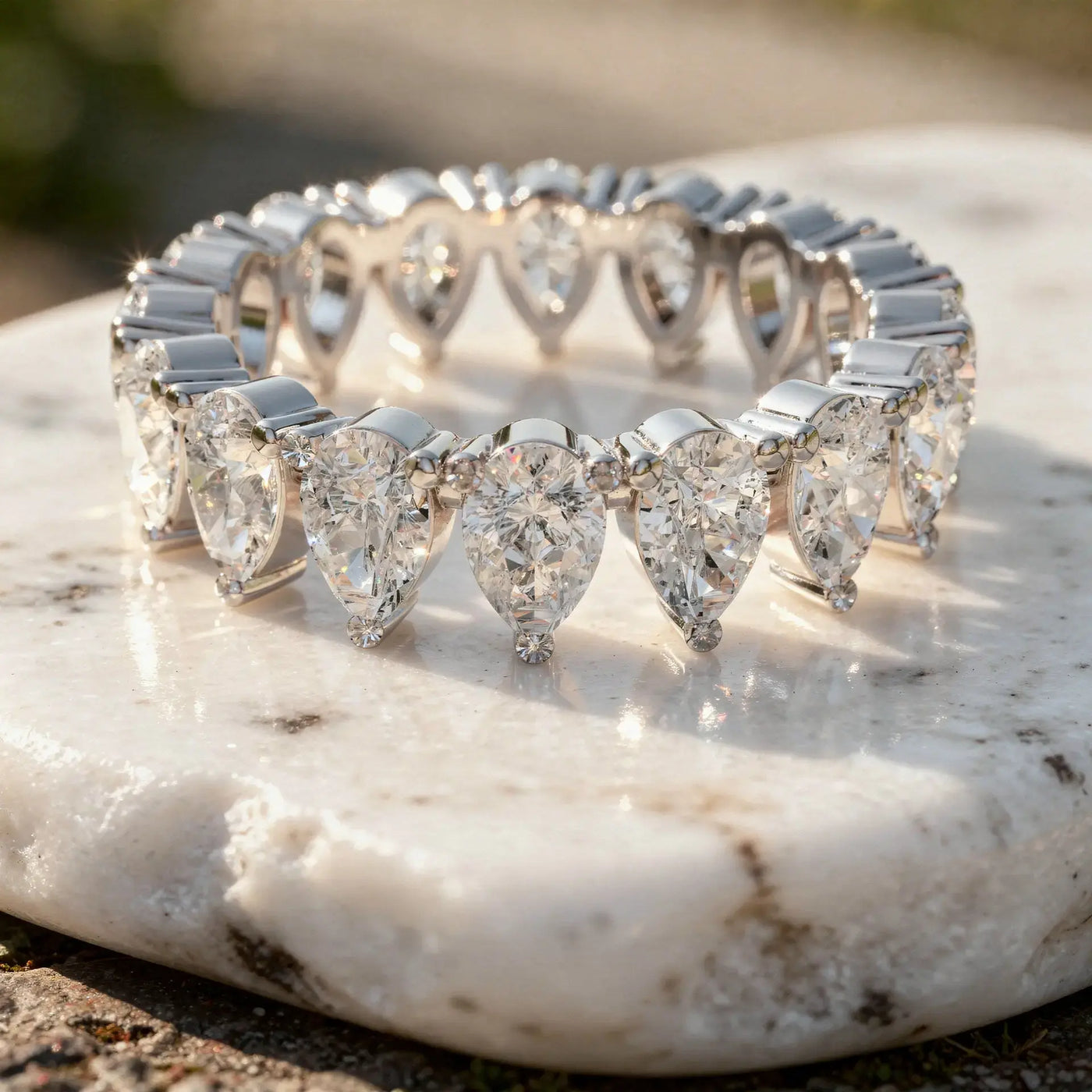 Close-up: Pear Cut Diamond Bracelet with Tennis Setting in 14k White Gold - Lab Grown - Driona Jewels