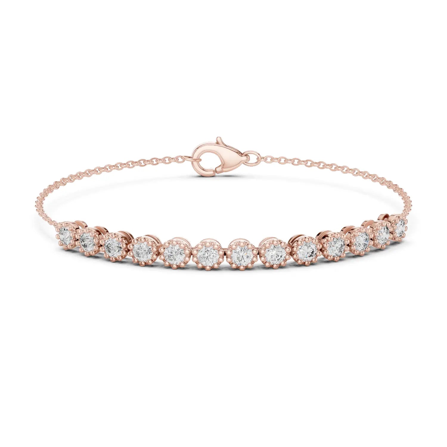 Front View: Round Diamond Bracelet with Bezel Setting in 14k Rose Gold - Lab Grown - Driona Jewels