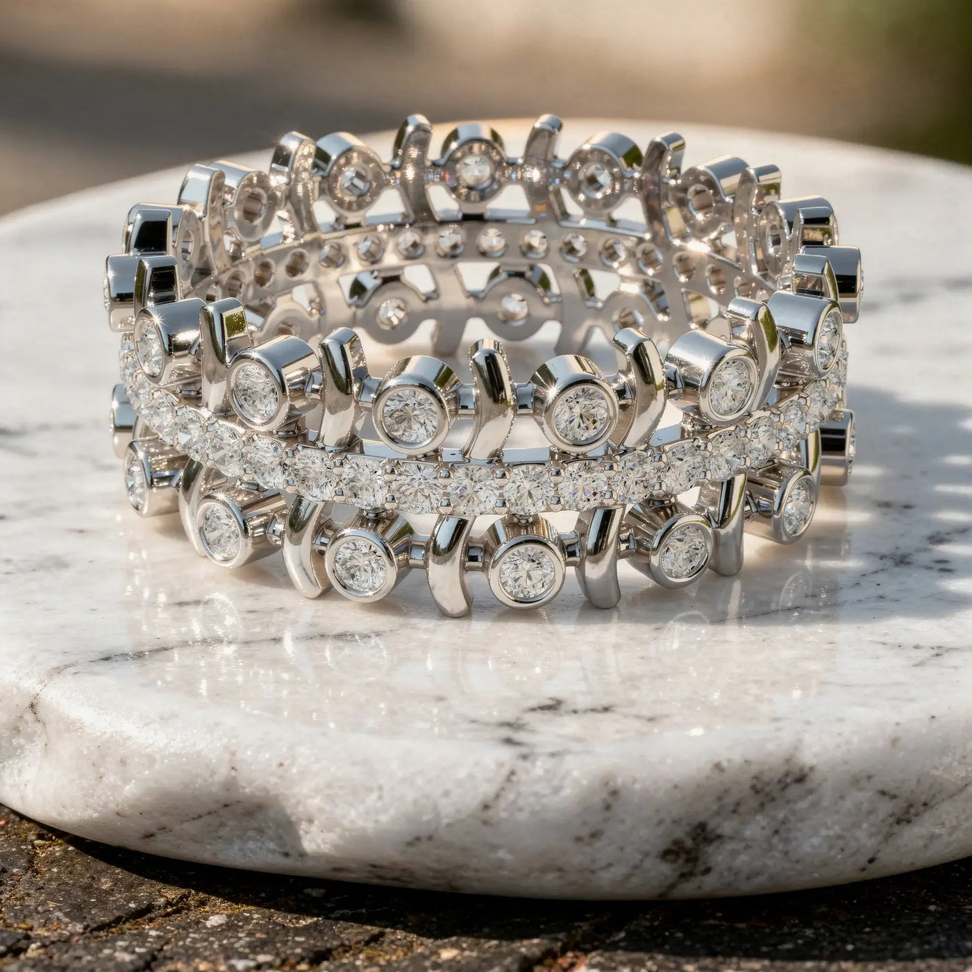 Flat Lay: Round Diamond Bracelet with Bezel Setting in 14k White Gold - Lab Grown - Driona Jewels