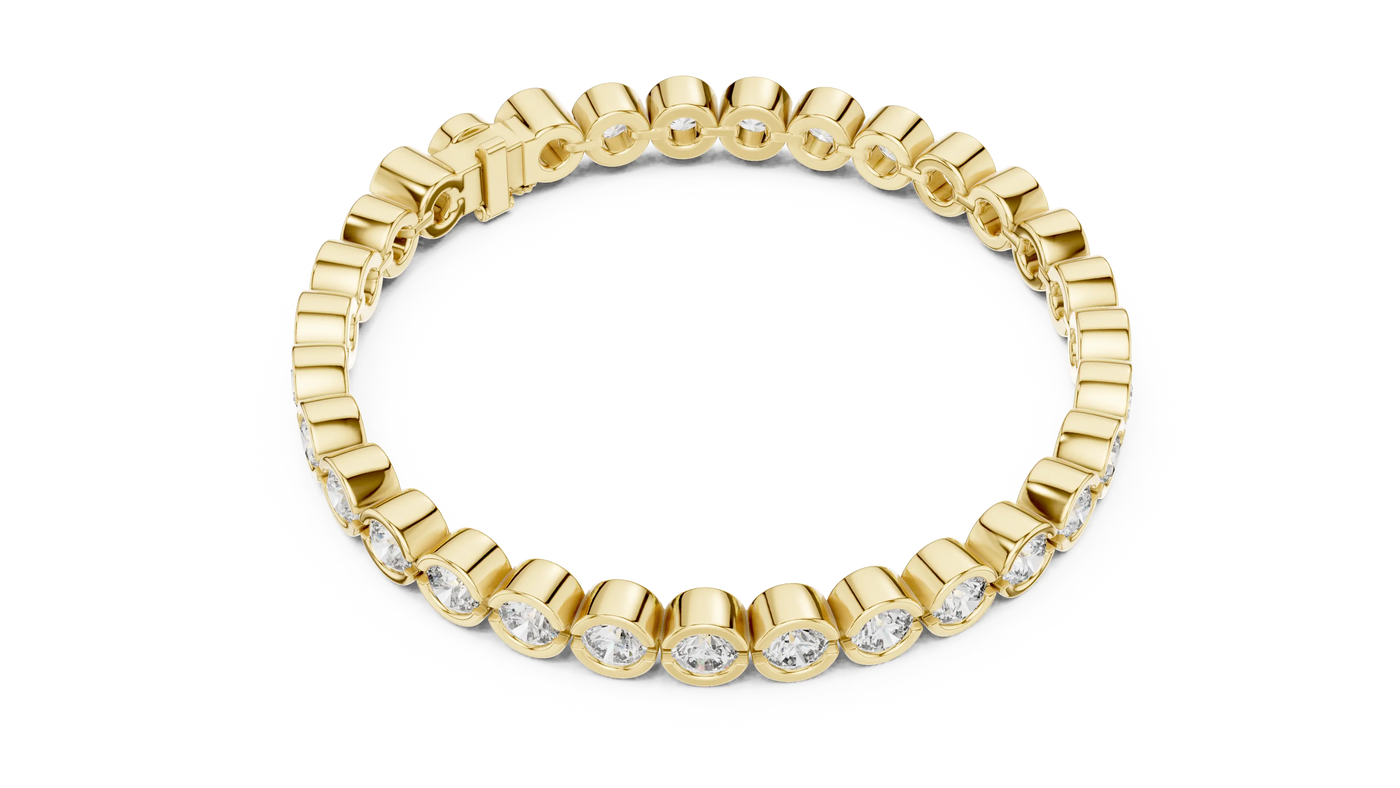 Flat Lay: Round Diamond Bracelet with Bezel Setting in 14k Yellow Gold - Lab Grown - Driona Jewels