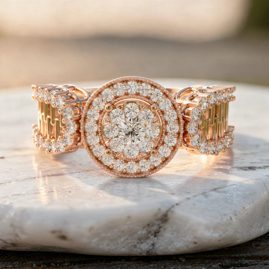 Close-up: Round Diamond Bracelet with Halo Setting in 14k Rose Gold - Lab Grown - Driona Jewels