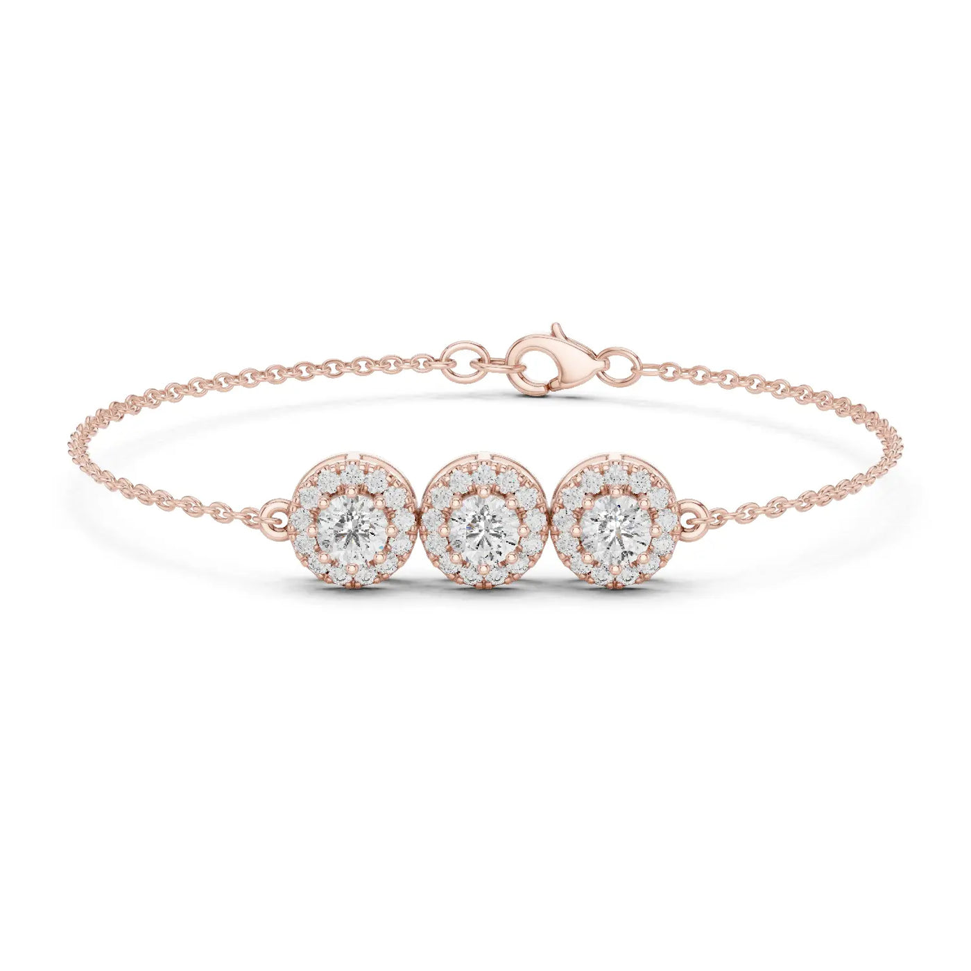 Front View: Round Diamond Bracelet with Halo Setting in 14k Rose Gold - Lab Grown - Driona Jewels