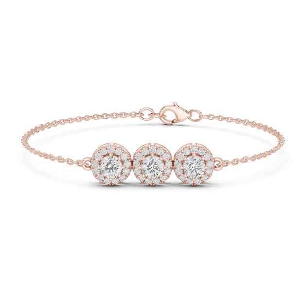 Front View: Round Diamond Bracelet with Halo Setting in 14k Rose Gold - Lab Grown - Driona Jewels