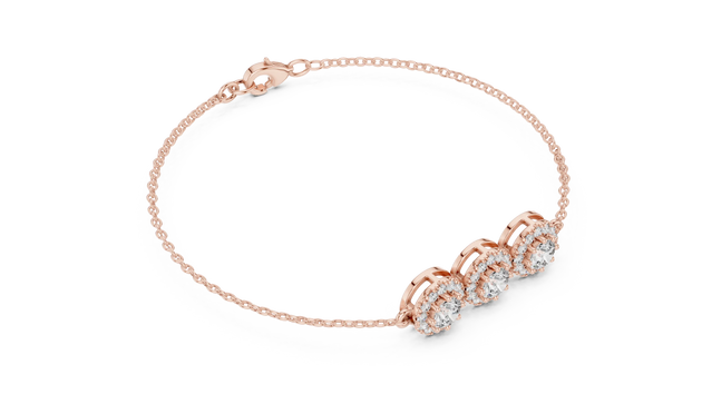 Three-quarter View: Round Diamond Bracelet with Halo Setting in 14k Rose Gold - Lab Grown - Driona Jewels