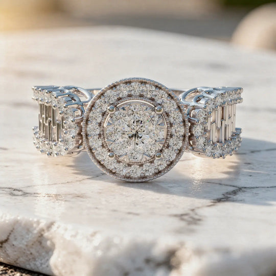 Close-up: Round Diamond Bracelet with Halo Setting in 14k White Gold - Lab Grown - Driona Jewels