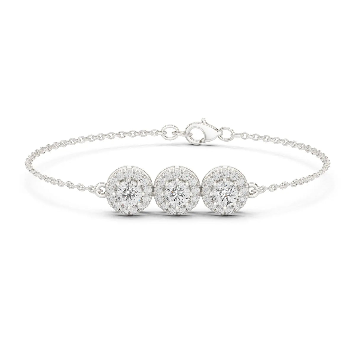 Front View: Round Diamond Bracelet with Halo Setting in 14k White Gold - Lab Grown - Driona Jewels